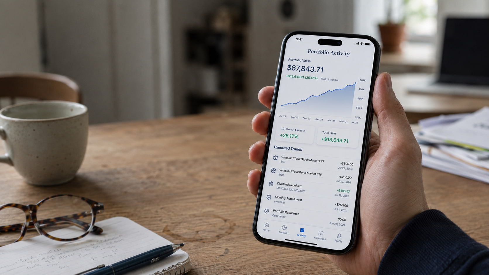 A Canadian checks their WestiQuant AI trading dashboard on a phone at the kitchen table